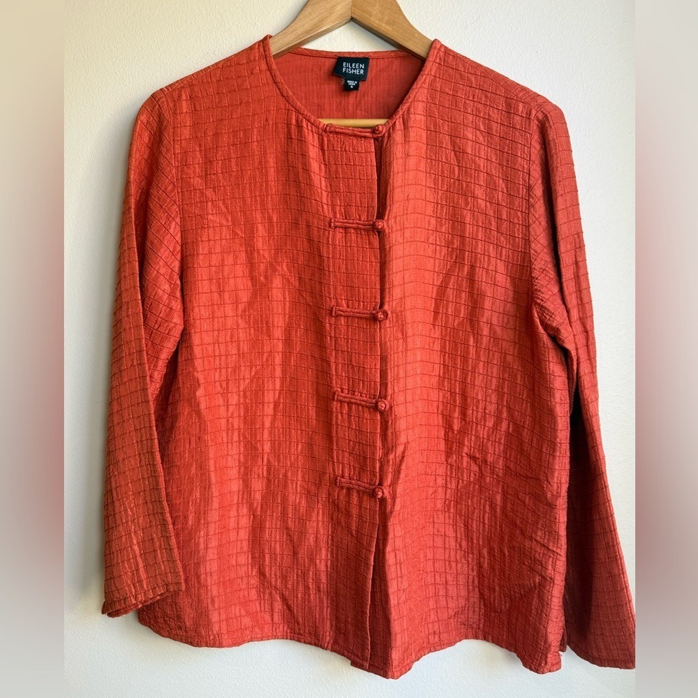 Eileen Fisher Luxury Burnt Orange Silk/ Linen Oriental Shirt Blouse Small NEW